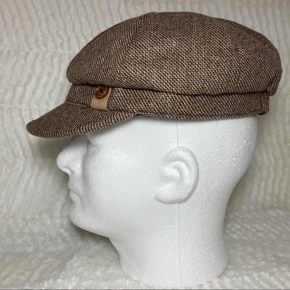 D&Y Newsboy Cap Brown Tweed Button Metallic Thread - Picture 3 of 16